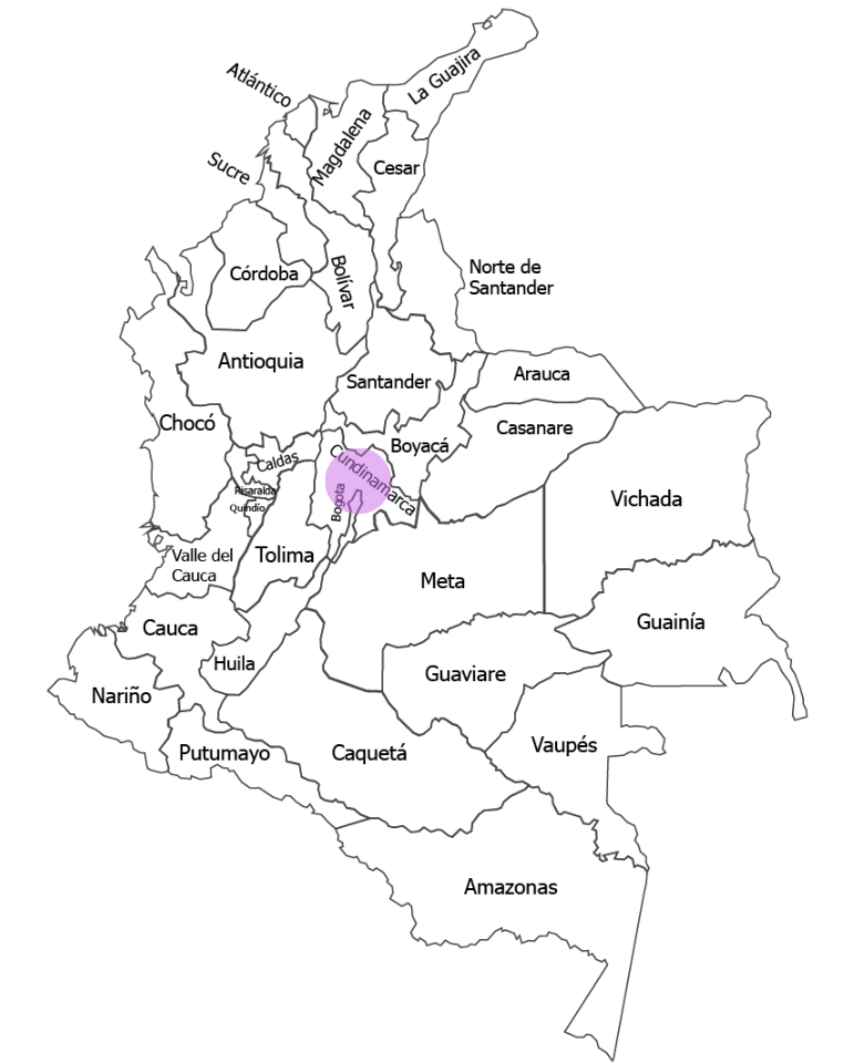 Mapa de Colombia con la ubicación de Bogotá resaltada