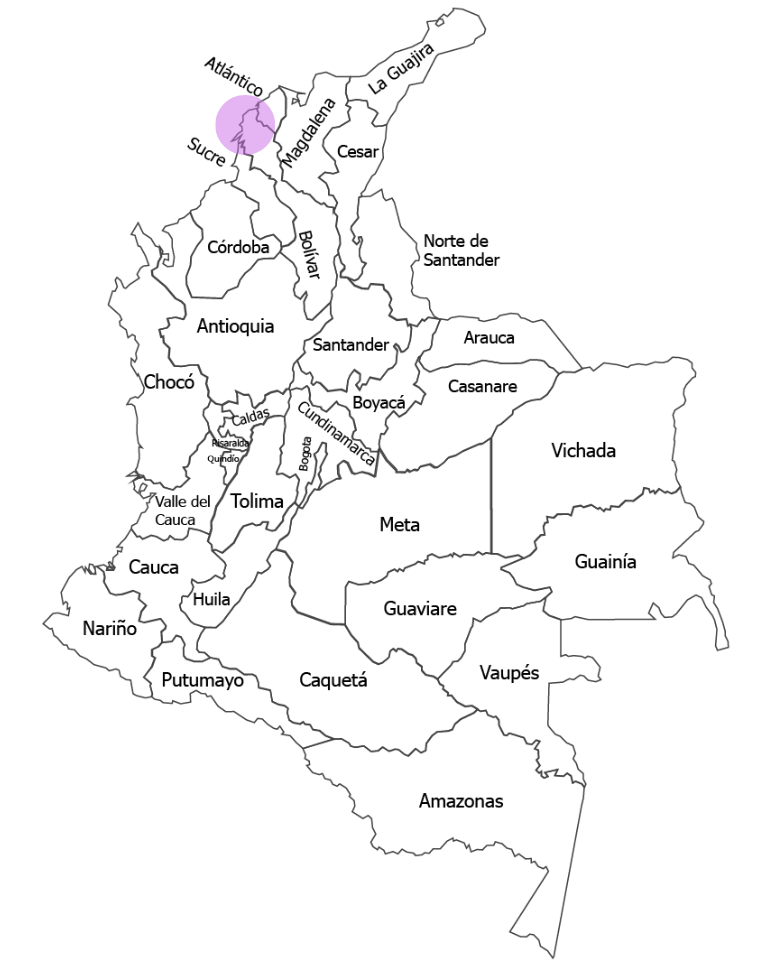 Mapa de Colombia con la ubicación de Cartagena de Indias resaltada