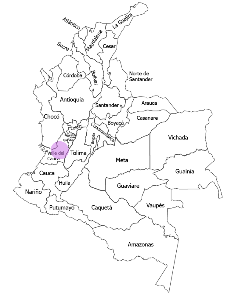 Mapa de Colombia con la ubicación del Eje Cafetero resaltada