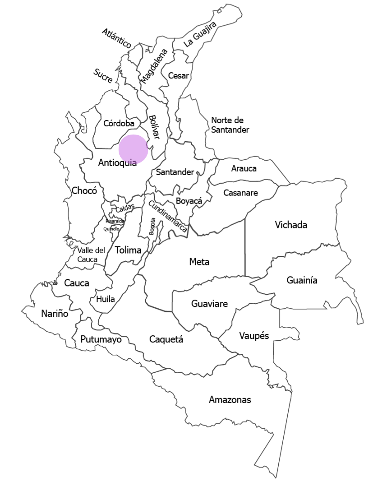 Mapa de Colombia con la ubicación de Medellín resaltada